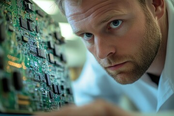 Poster - A focused engineer meticulously examines a complex circuit board, intensely scrutinizing its intricate details.