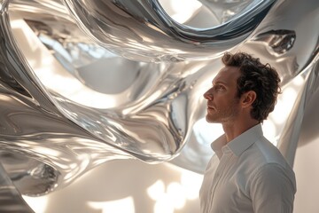 Poster - A man contemplates a large, abstract, polished-metal sculpture with flowing, organic forms.