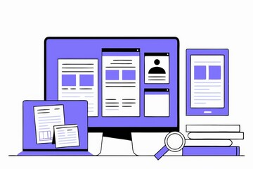 Poster - a digital illustration of various devices displaying user interfaces, including a laptop, desktop, t
