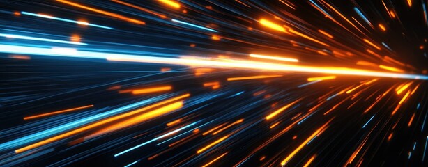 Poster - A vibrant digital tunnel of light and energy. showcasing a dynamic flow of blue and orange particles. symbolizing speed and innovation in a futuristic landscape