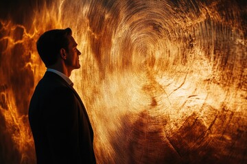 Poster - A man in a suit stands silhouetted against a warm, textured, circular backdrop.