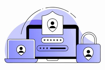 Poster - A digital illustration depicting cybersecurity, featuring a laptop, password entry, and a padlock, emphasizing online safety and data protection.