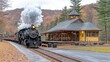 © nurman - Steam train arriving at a quaint, rustic train station nestled in an autumnal landscape.