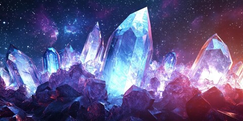 Poster - Illuminated crystals of various sizes reflect light against starry skies