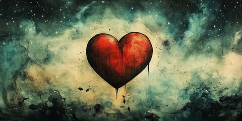 Wall Mural - A large red heart floats amid a cosmic starry background