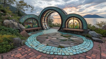 Poster - A dynamic stained glass artwork with a round pattern of blue and golden tones, mimicking a sunset within a textured frame