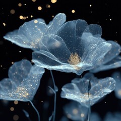 Poster - Delicate glowing flowers bloom with sparkling golden light on black