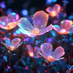 Poster - Glowing translucent flowers bloom with iridescent light in a field