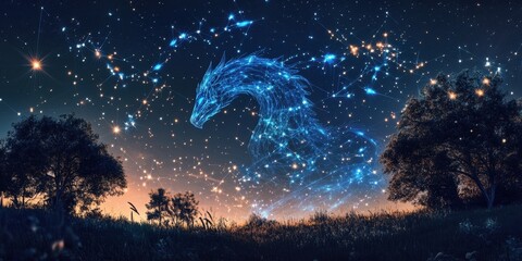 Wall Mural - A celestial dragon appears in the starry night sky above trees