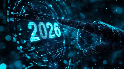 Poster - Futuristic digital background with glowing blue number 2026 and technological elements in dark space with particles and circular patterns. Great for tech designs.
