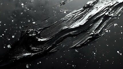 Poster - Dark flowing liquid with dynamic splashes and droplets against black background creates dramatic abstract composition with high contrast monochromatic effect.