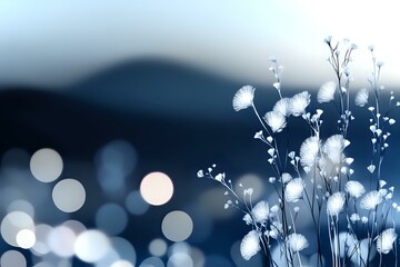 Poster - Dreamy white wildflowers silhouetted against dark blue twilight background with soft bokeh lights creating magical nature atmosphere for romantic designs.