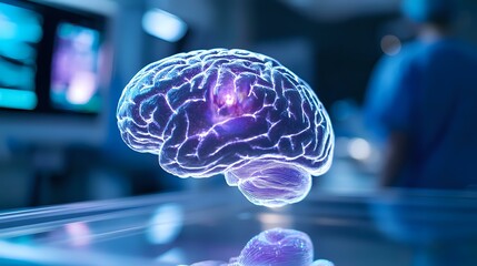 Poster - Glowing holographic brain floating in medical laboratory environment with purple and blue light effects, modern neuroscience research concept.
