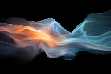 Poster - Ethereal smoke waves in contrasting orange and blue colors flow gracefully against black background, creating abstract art suitable for modern design projects.