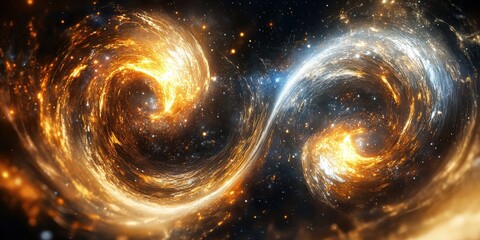 Poster - Two vibrant swirling galaxies floating in the cosmic dark space