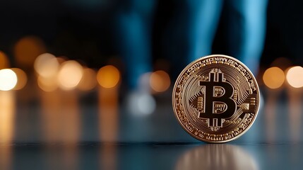 Poster - Golden cryptocurrency coin on dark reflective surface with blurred bokeh lights in background, modern financial technology concept with dramatic lighting.