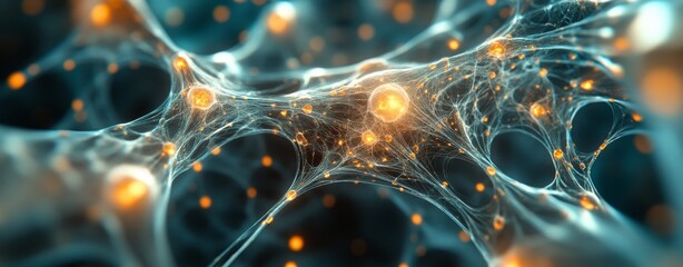 Poster - an energetic, abstract illustration of cell structures with glowing orange circles, accentuating fin