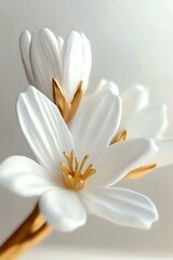 Poster - Delicate white flower with golden stamens in soft focus macro photography against light background, showcasing pure petals and elegant natural form.