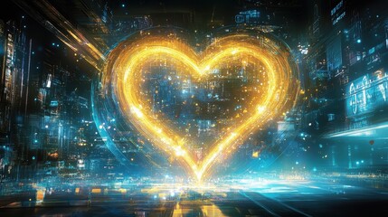 Wall Mural - A glowing heart shape appears within a futuristic cityscape image