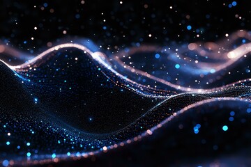 Poster - Abstract glowing waves with blue and pink light trails flowing through dark space, sparkling particles and bokeh effects create magical cosmic atmosphere.
