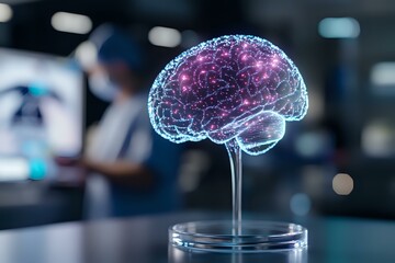 Poster - Glowing translucent brain model with purple inner core and blue neural network pattern on display stand against dark background with bokeh lights. Medical science concept.