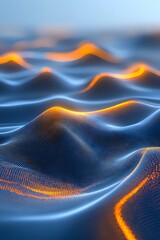 Poster - Abstract digital waves with glowing orange light effects on deep blue surface creating dynamic flowing landscape pattern with particle mesh texture.