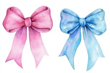 Wall Mural - Watercolor pink and blue bows illustration, hand-painted ribbons isolated on white background, cute decorative elements