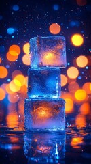 Poster - A close-up of shimmering blue ice featuring bright orange reflections, producing a dynamic contrast of colors and textures in the water