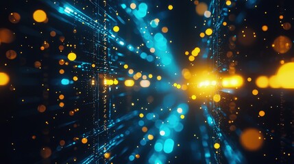 Poster - Abstract digital data center with glowing blue lines and floating yellow particles, creating a high-tech tunnel effect. Ideal for tech backgrounds, innovation concepts, or network visuals