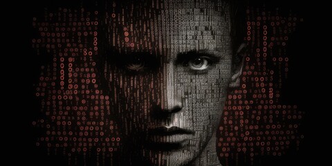 Poster - The picture of the human face that has been paint with binary code on the face in the dark room, binary code is system of representing text, instructions, or other data using two symbol system. AIG51.