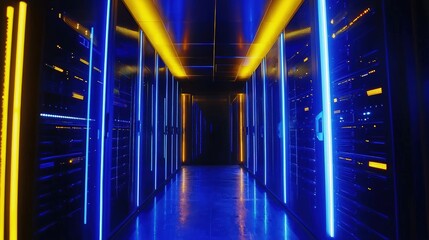 Fototapete - High-tech data center hallway illuminated with vibrant blue and yellow lights reflecting off sleek server cabinets. Ideal for IT, networking, or cybersecurity themes