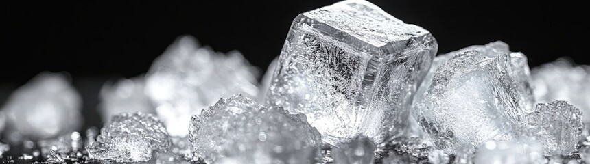 Poster - A zoomed-in view of a melting ice cube with shimmering water droplets around it, creating a refreshing, chilly vibe
