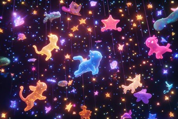 Canvas Print - colorful glowing creatures and stars decorate a dark backdrop space