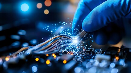 Poster - Glowing optical fiber network connection with technician hand in blue glove making repairs, sparkling light effects against dark background with bokeh.