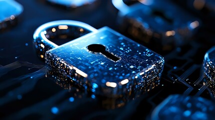 Poster - Dramatic close-up of wet padlock with water droplets in blue light creating mysterious atmosphere, symbolizing digital security and data protection concepts.