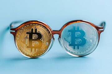 Poster - Round vintage eyeglasses with golden and silver bitcoin coins seen through lenses on light blue background, creative cryptocurrency concept composition.