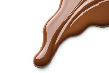 Poster - Flowing liquid milk chocolate drip on white background, glossy melted cocoa stream with smooth texture and rich brown color. Isolated design element for confectionery.