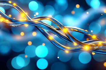 Poster - Glowing golden waves intertwine with luminous strands against blurred blue bokeh background, creating magical light effect for festive designs and holiday decorations.