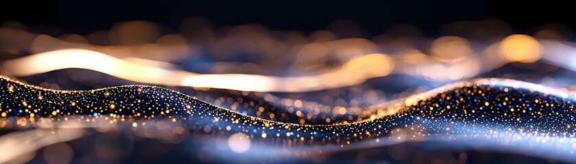 Poster - Abstract flowing waves of golden light and glowing particles against dark background create mesmerizing pattern with bokeh effect and sparkles.