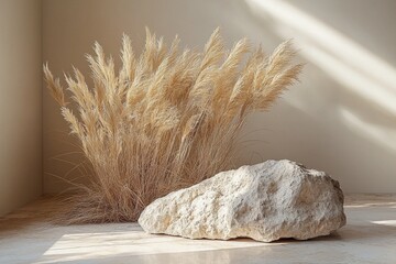 Poster - Minimalist podium display with a rock and dry botanical arrangement