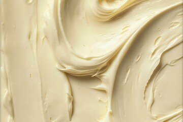 Poster - Creamy vanilla frosting texture with smooth swirls and ripples creating an abstract pattern background, close-up macro photography showing rich buttery surface detail.