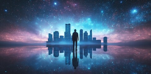 Wall Mural - a solitary human figure facing a futuristic city under stars