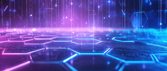 Poster - Futuristic abstract space with floating neon hexagons, glowing lights, and vibrant color palette creates mesmerizing atmosphere