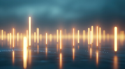 Poster - Glowing neon data points rise from reflective surface, creating abstract landscape that evokes sense of depth and tranquility