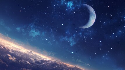 Wall Mural - Serene Night Sky with a Crescent Moon Overlooking Earth’s Atmosphere and Stars