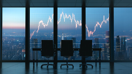 Poster - Market Outlook: An impressive boardroom overlooking a cityscape, with an illuminated graph against the night sky, symbolizing business and financial growth.