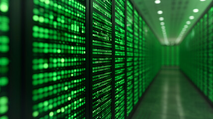 Poster - Data Center Corridor: A hyper-realistic, modern data center corridor bathed in cool, futuristic lighting. The image is a visual representation of the digital age, showing data storage.