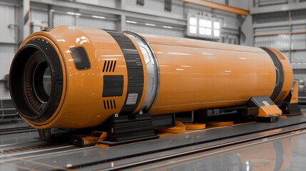 Poster - Industrial Marvel: A striking image of a massive, cylindrical industrial component, gleaming in a vibrant orange hue, resting in a modern factory setting.