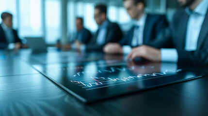 Poster - Corporate Insights: A focus on the detailed chart on the tablet, the central point, as a team of business professionals gather around a table in a modern office.