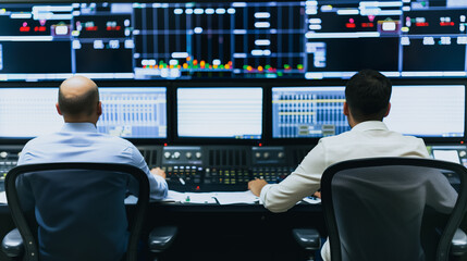 Poster - Tech Control Room: Two focused individuals, heads down in a high-tech control room. They meticulously monitor an array of displays.
